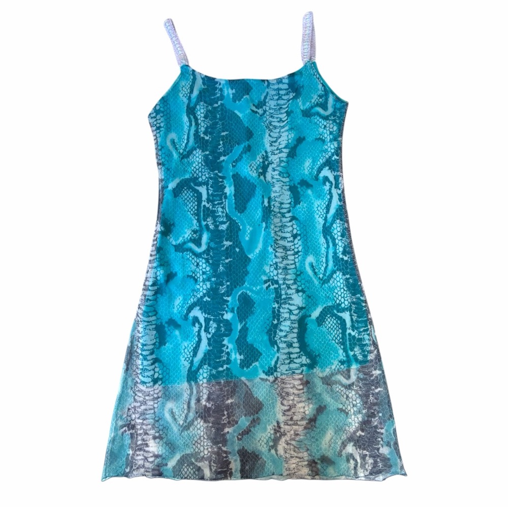 Mesh lined blue snake print cami mini dress made in france